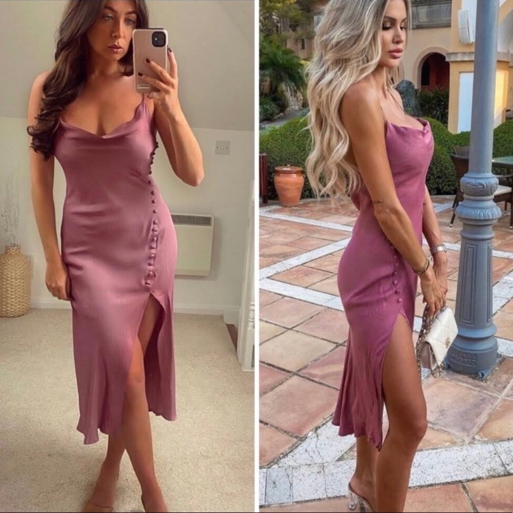 Zara Mauve Satin Slip Dress with Side Button Detail XS NWT